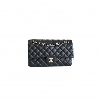 CHANNEL CLASSIC DOUBLE FLAP BAG BLACK QUILTEDLAMBSKIN MEDIUM A1112 (25*15*6cm)